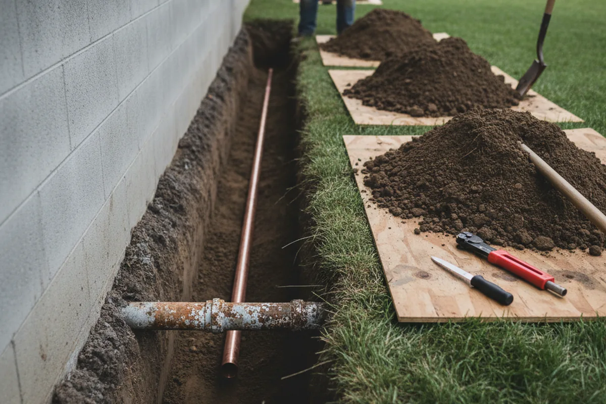 Excavated water line trench during Water Softener Installation in Blue Eye